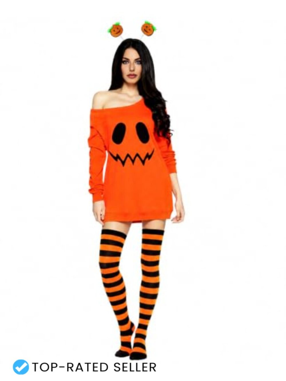 3PC Halloween Costume Set Off-Shoulder Sweatshirt Dress Tights Headband